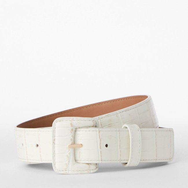 Brahmin Wide Covered Leather Buckle Belt - Sea Salt White Classic Vintage Croc