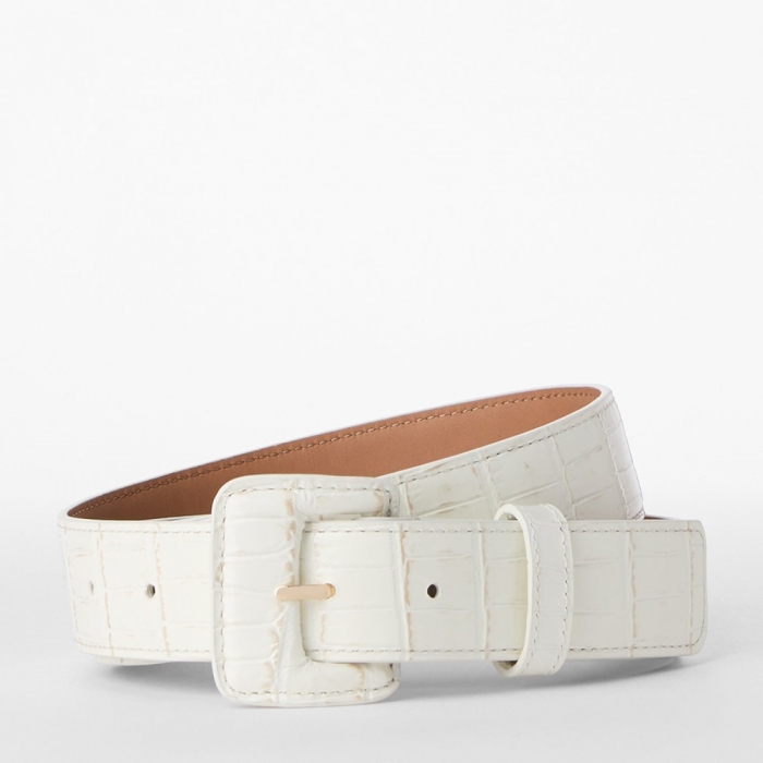 Brahmin Wide Covered Leather Buckle Belt - Sea Salt White Classic Vintage Croc