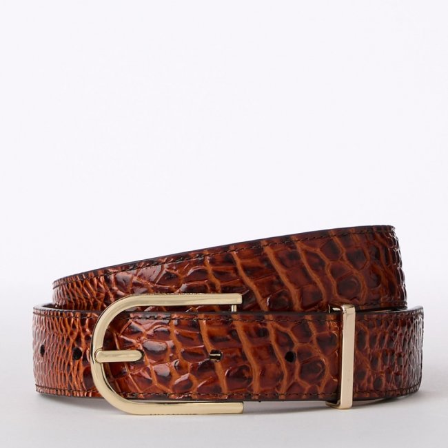 Brahmin Medium Leather Gold Buckle Belt Pecan Classic Croc