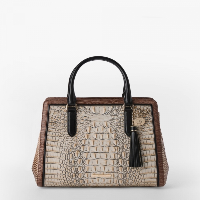 Brahmin Small Finely Leather Satchel - Timeless Taupe Skien