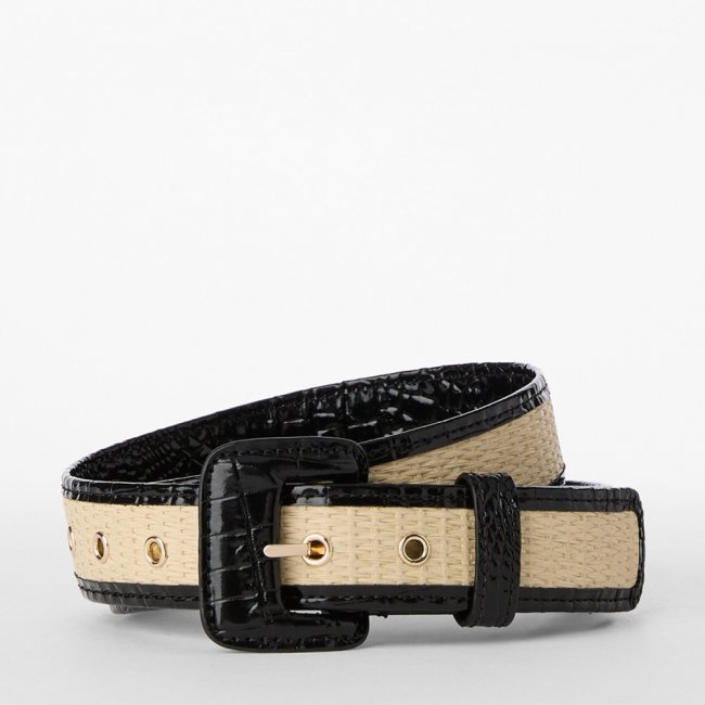 Brahmin Wide Covered Leather Buckle Belt - Black Classic Straw