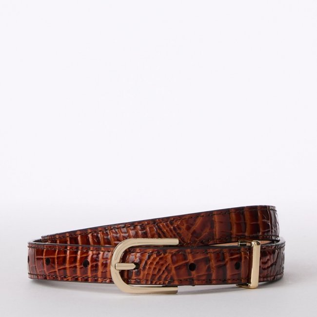 Brahmin Skinny Leather Gold Buckle Belt Pecan Classic Croc