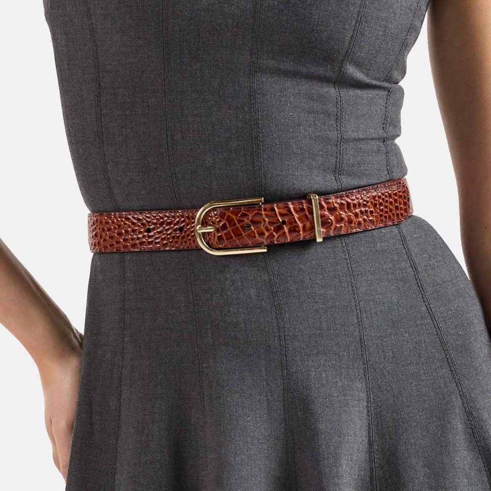 Brahmin Medium Leather Gold Buckle Belt Grey Classic Snake