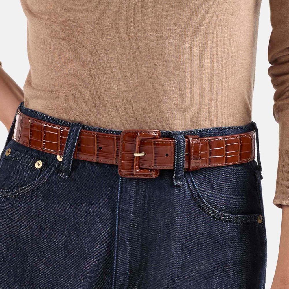 Brahmin Wide Covered Leather Buckle Belt Grey Classic Snake